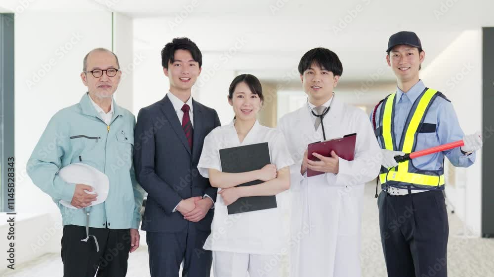 笑顔で立つ色々な職業の人々 笑顔で立つ色々な職業の人々