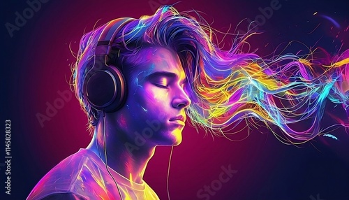 young man with headphones in a colorful vivid background. An illustration of auditory hallucinations. Mental health concept,Perfect for Lifestyle and Relaxation Themes photo