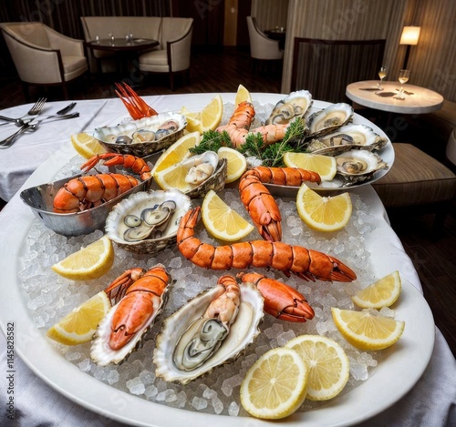 A lavish seafood platter featuring shrimp, oysters, and lemon slices on ice. photo