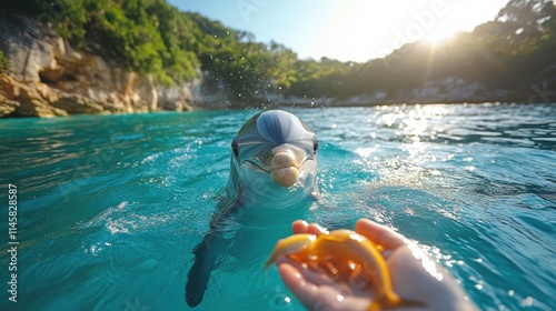 Enchanting Moment of a Dolphin Interacting with a Human Hand Under Bright Sunlight in a Pristine Tropical Lagoon, Capturing Nature's Whimsical Beauty and Marine Life 2023