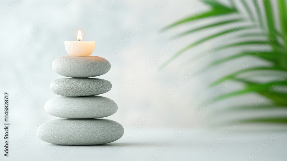 A serene arrangement of smooth stones topped with a lit candle, showcasing tranquility and balance, Ideal for wellness, meditation, or relaxation-themed projects, A serene arrangement of smooth stones topped with a lit candle, showcasing tranquility and balance, Ideal for wellness, meditation, or relaxation-themed projects,