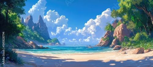 Scenic tropical beach with clear turquoise water surrounded by lush greenery and dramatic rock formations under a bright blue sky