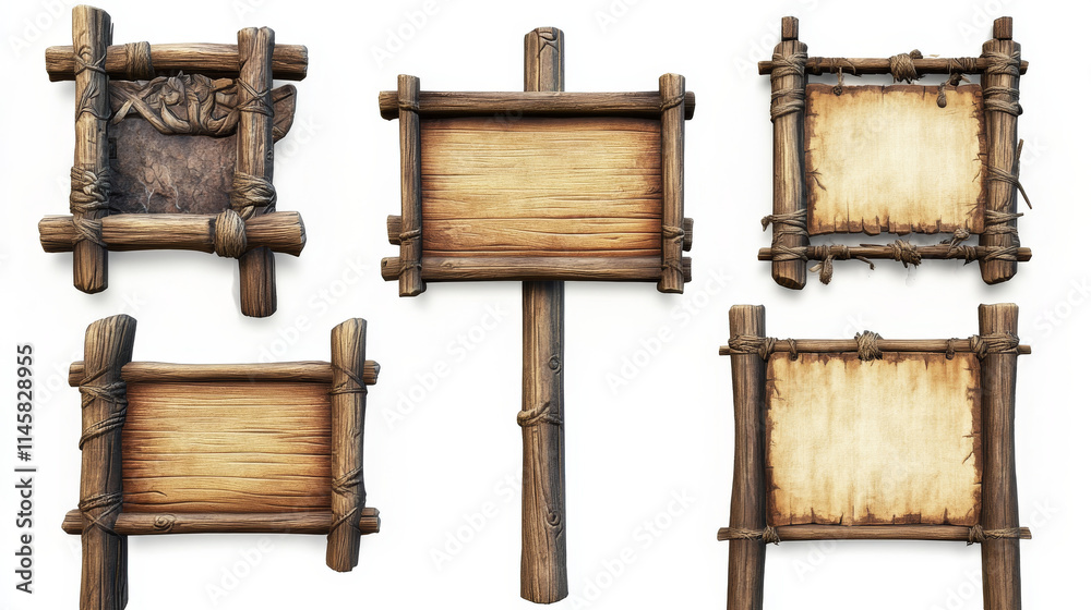 Naklejka premium Sign boards from bamboo frames, wooden planks and paper. Game menu banners of wood signboards with hanging blank papyrus and panels on post, vector cartoon set