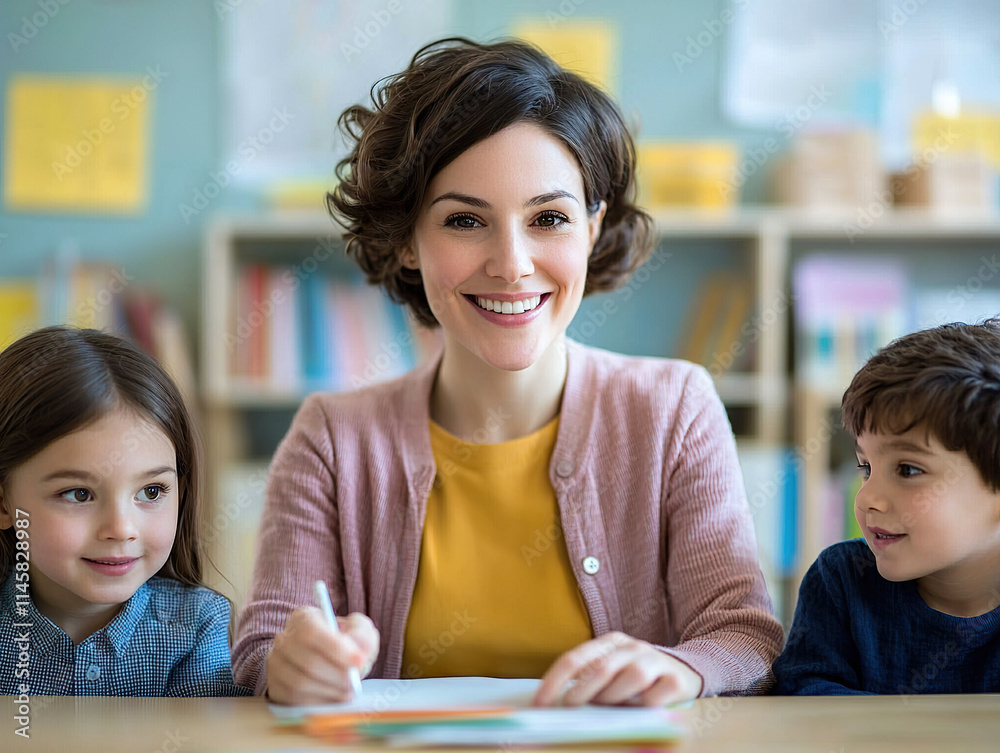 Fototapeta premium cheerful elementary school teacher engaging with two young students in bright classroom, fostering learning and creativity