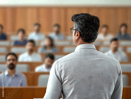 professor giving lecture to university students in large lecture hall, emphasizing higher education