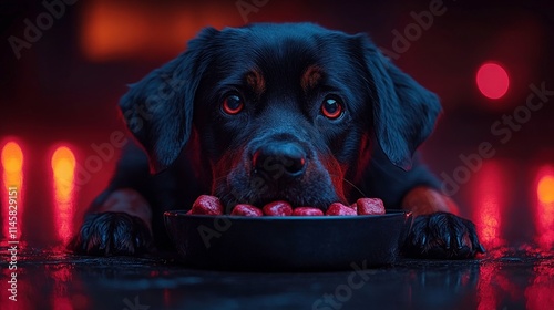 Loyal Black Dog Waiting for Food in a Dark Room with Red Light Reflection on Floor, Eagerly Staring at Bowl of Delicious Treats