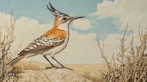 Greater Hoopoe Lark Alaemon alaudipes perched in semidesert landscape with clear blue sky and desert vegetation in background photo