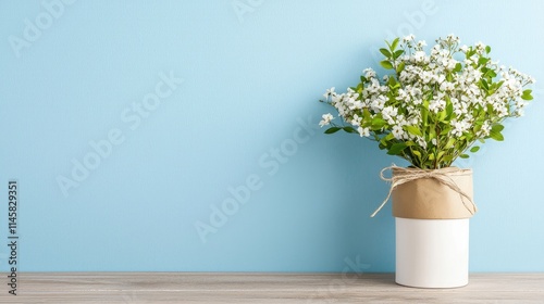 White flowers in vase against blue wall.