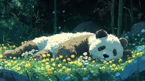 Peaceful Giant Panda Resting Amidst Colorful Wildflowers in a Lush Green Forest Setting, Showcasing Nature's Serenity and Wildlife Beauty