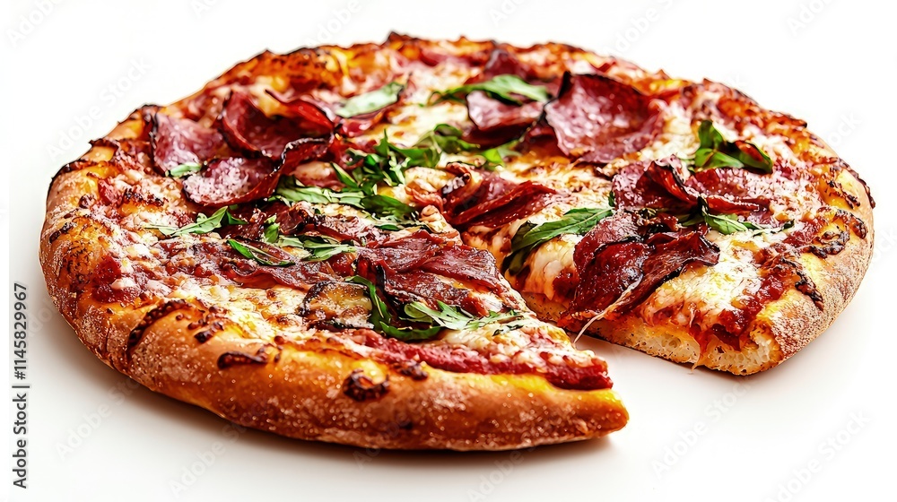 Delicious pepperoni pizza with a slice removed, isolated on white. Delicious pepperoni pizza with a slice removed, isolated on white.