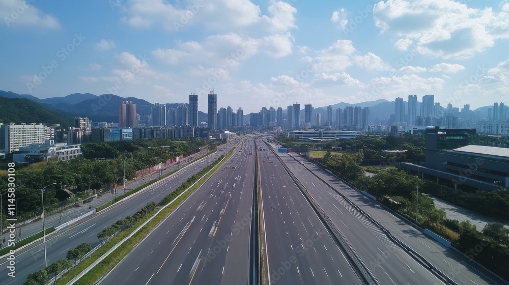 Aerial View of Highway Leading to City Skyline under Sunny Sky Aerial View of Highway Leading to City Skyline under Sunny Sky