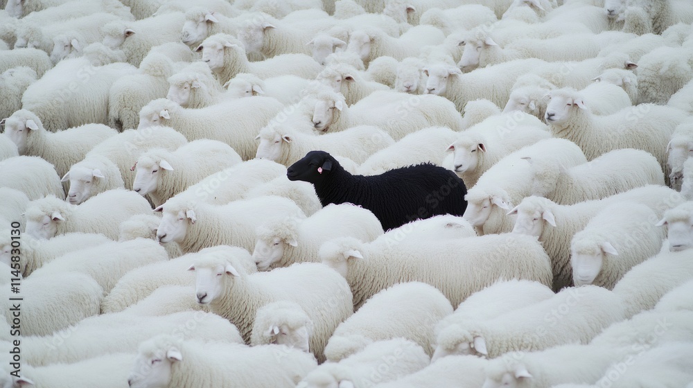 Black sheep standing out in a large flock of white sheep Black sheep standing out in a large flock of white sheep