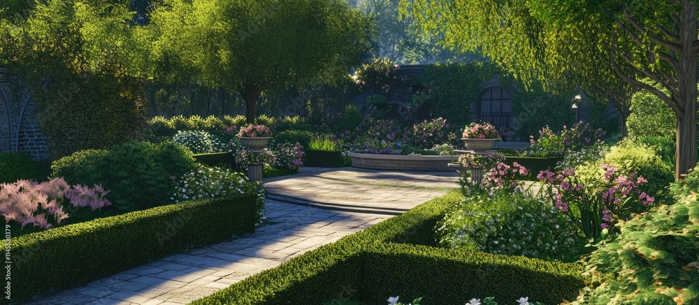 Fototapeta premium Serene garden setting showcasing vibrant flowers and pristine hedges ideal for relaxation and creative inspiration in nature's beauty