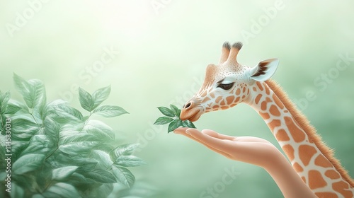 Tender Moment Between a Hand and a Giraffe as the Gentle Animal Eats Leaves in a Serene Nature Background with Soft Colors and Calming Atmosphere