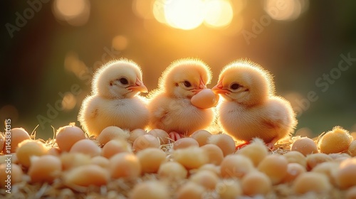 Three Adorable Baby Chicks Surrounded by Bright Yellow Eggs Under a Warm Sunset Glow, Capturing the Essence of New Life and Nature's Beauty in a Serene Environment