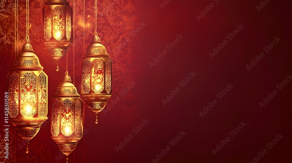 Golden Lanterns Hanging Against Red Ornate Background Golden Lanterns Hanging Against Red Ornate Background