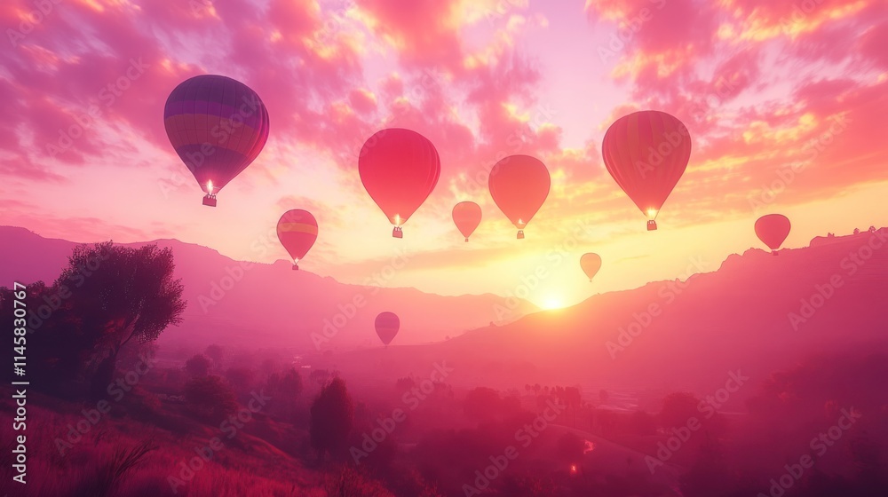 Obraz premium Colorful hot air balloons soar over a majestic sunset landscape.
