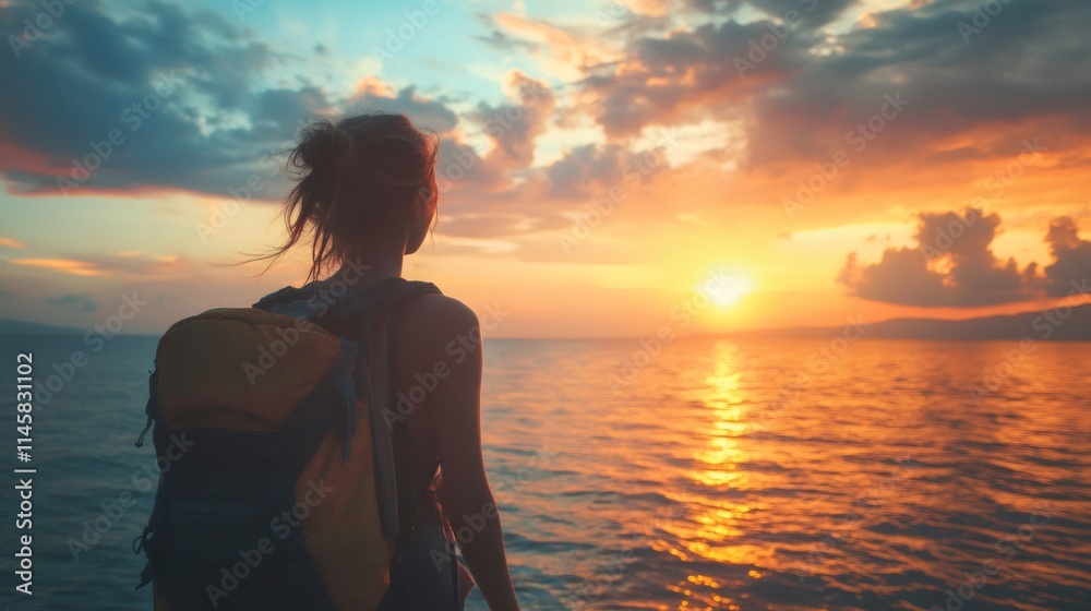 Tourist watching amazing sunset over calm sea during summer vacation Tourist watching amazing sunset over calm sea during summer vacation