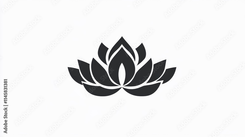 22.A cute, decorative lotus flower icon in black, showcasing a minimalistic silhouette with rounded petals arranged symmetrically. The design has a soft, flowing quality, perfect for logos,