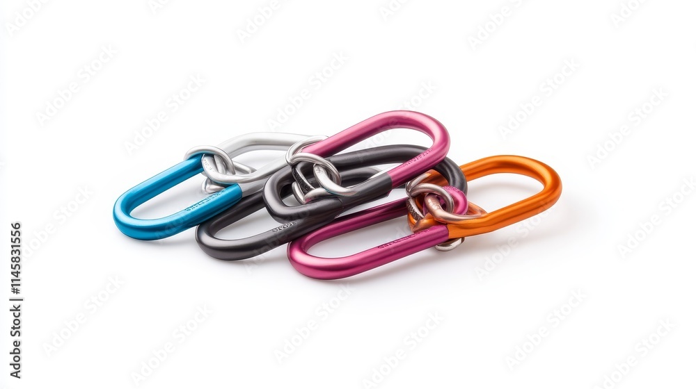 A Colorful Arrangement of Metal Carabiners with a Unique Knot Design, Perfect for Outdoor Adventures and Climbing Activities - Isolated on White Background A Colorful Arrangement of Metal Carabiners with a Unique Knot Design, Perfect for Outdoor Adventures and Climbing Activities - Isolated on White Background