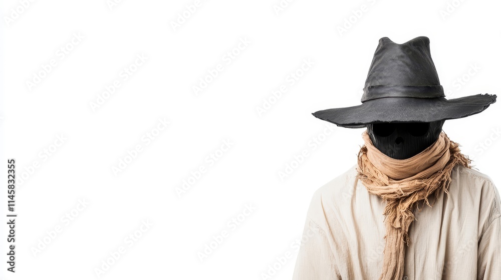 Mysterious figure in dark hat and scarf poses against white background, embodying themes of anonymity, secrecy, and intrigue for creative storytelling and art projects. Mysterious figure in dark hat and scarf poses against white background, embodying themes of anonymity, secrecy, and intrigue for creative storytelling and art projects.