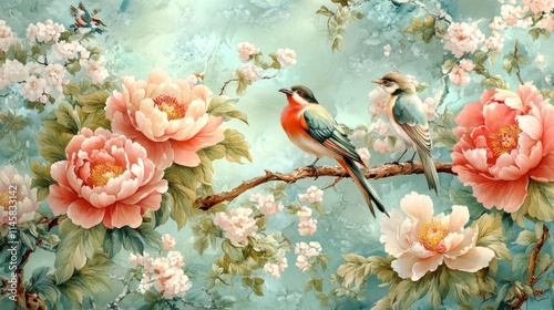 Fototapeta Naklejka Na Ścianę i Meble -  87.An elaborate chinoiserie mural showcasing lush peonies in full bloom with graceful birds perched on twisted branches, all illustrated in a delicate, intricate style. The mural captures the essence