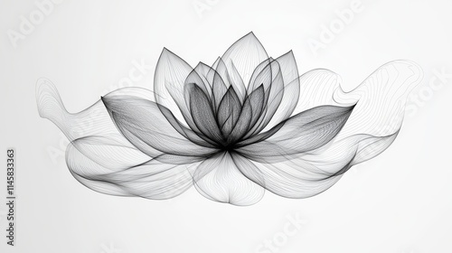 37.An elegant black-and-white lotus flower line illustration with detailed, organic shapes. Each petal is drawn with fine, flowing lines that form a serene and balanced composition, making it perfect