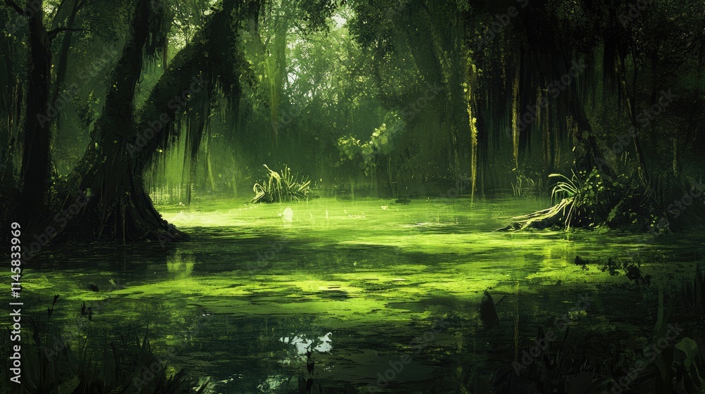 Obraz premium Lush green swamp scene with dense vegetation and reflective water surface in a tranquil forest setting