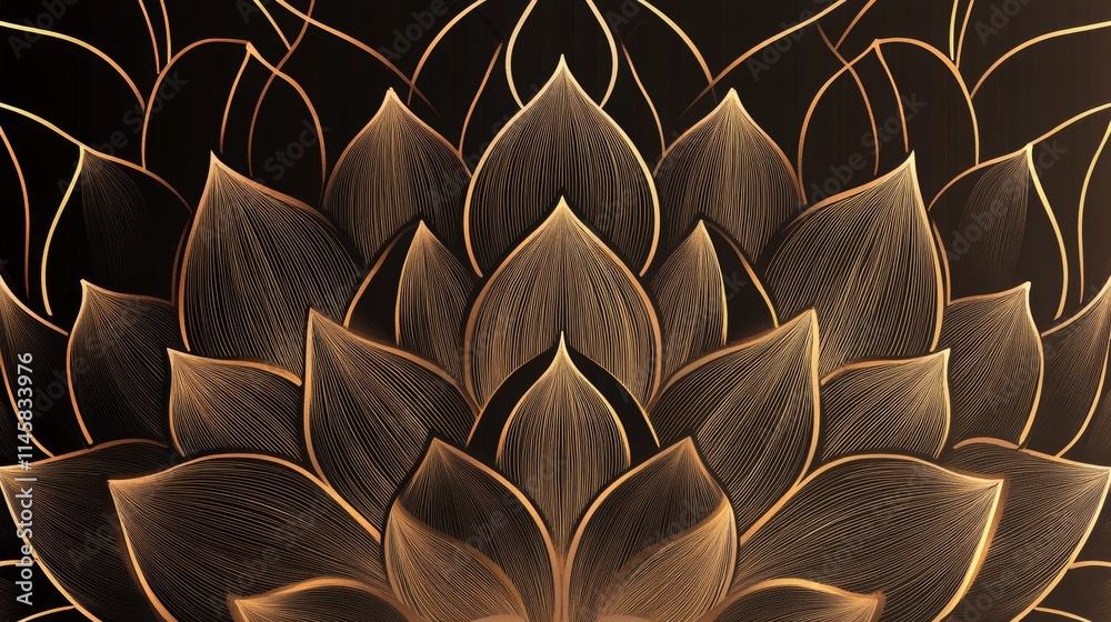 32.A gold lotus line-art vector pattern with refined, geometric petal shapes, designed for laser cutting or engraving on decorative surfaces. The patterns have a symmetrical elegance, with fine lines 32.A gold lotus line-art vector pattern with refined, geometric petal shapes, designed for laser cutting or engraving on decorative surfaces. The patterns have a symmetrical elegance, with fine lines