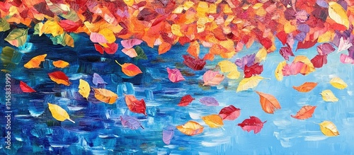 Autumn Serenity with Colorful Leaves Floating on Water Reflection in Vibrant Fall Colors