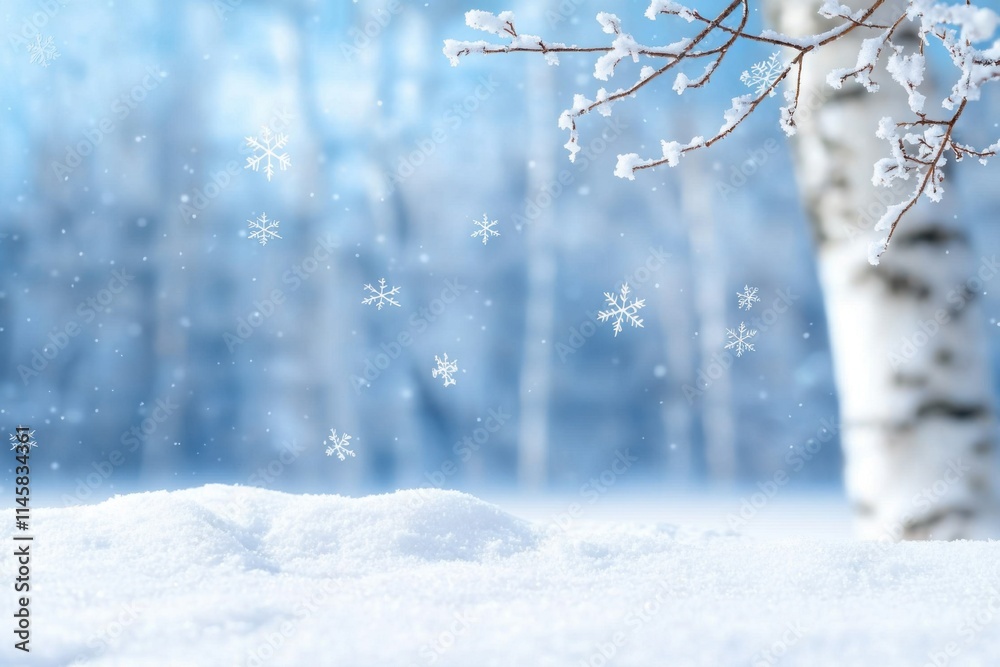 Fototapeta premium Snowflakes Gently Falling Over a Winter Wonderland Landscape