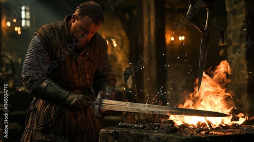 Skilled Blacksmith Heating Sword Blade in Roaring Forge with Tools and Glowing Embers