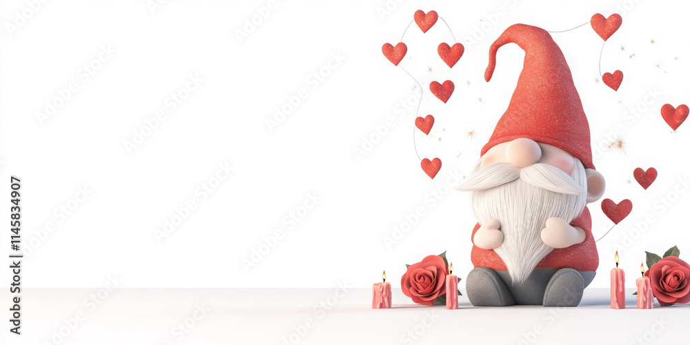 Fototapeta premium cute gnome with red hat surrounded by hearts and candles, perfect for love