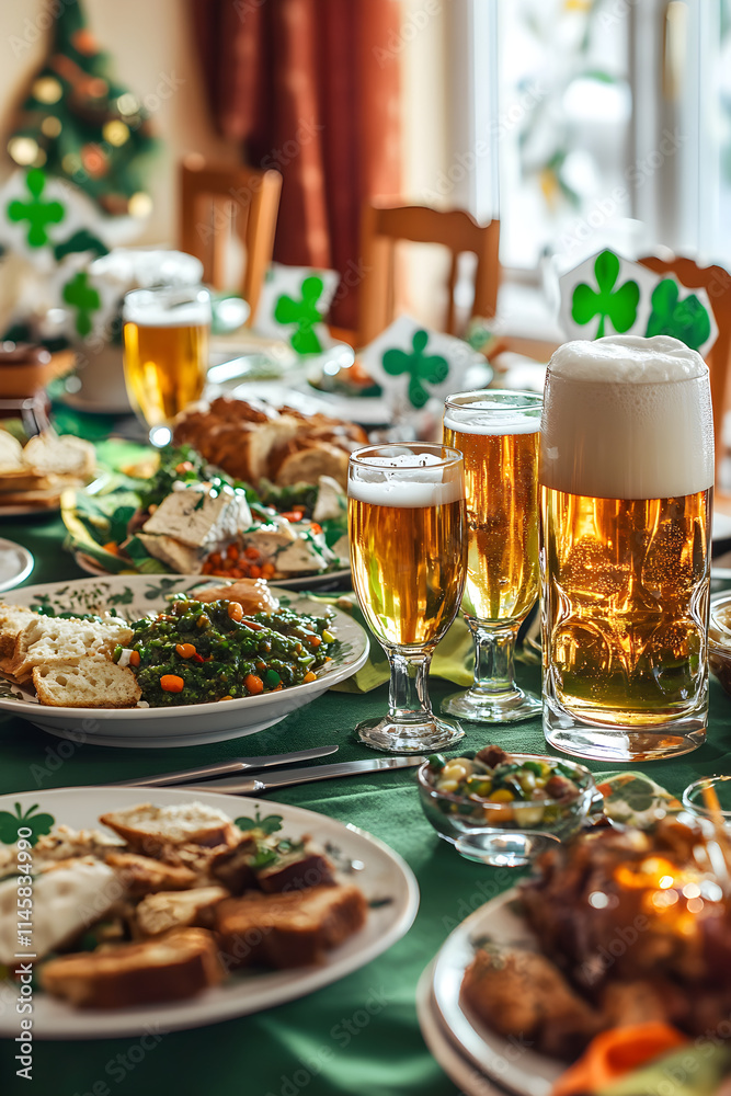 Festive St. Patrick's Day Dining Table a Traditional Irish Feast with Beer Celebrations Festive St. Patrick's Day Dining Table a Traditional Irish Feast with Beer Celebrations