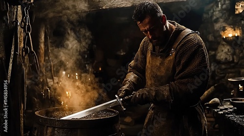 Blacksmith Quenching Freshly Forged Sword Blade in Water with Rising Steam in Traditional Workshop photo