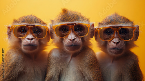 Creative animal concept. stylish Monkeys with glasses on a yellow background photo