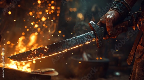 Blacksmith Holding Glowing Sword Blade with Tongs in Dramatic Workshop photo