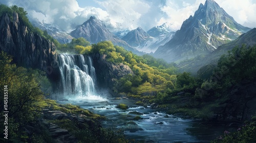 Majestic spring landscape featuring stunning waterfalls and a serene mountain stream amidst lush greenery and towering peaks.