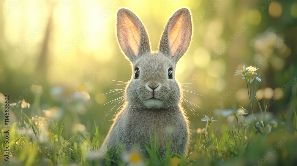 Adorable fluffy rabbit sitting in a field of daisies, surrounded by lush green grass and soft sunlight, creating a warm and peaceful atmosphere in nature Adorable fluffy rabbit sitting in a field of daisies, surrounded by lush green grass and soft sunlight, creating a warm and peaceful atmosphere in nature