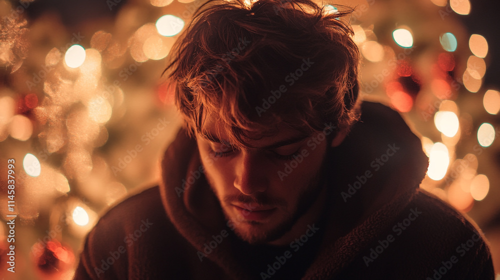 Man reflecting silently in front of a beautifully lit Christmas tree. Man reflecting silently in front of a beautifully lit Christmas tree.