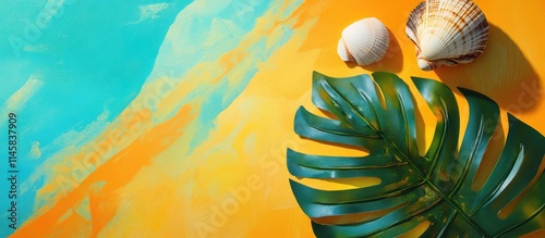 Sunscreen spray container with sea shells and tropical leaf on a vibrant background for summer skincare and beach themes photo