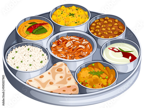 Indian Vegetarian Lunch Thali. Gajar Halwa, Roti, Jeera Rice, Dal Tadka, Potato Curry, Chole, Yogurt Chutney and Sabji. Authentic Asian Food Art