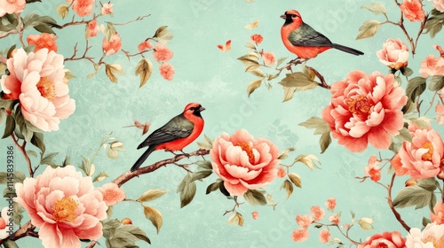Fototapeta Naklejka Na Ścianę i Meble -  88.A richly detailed chinoiserie mural design, featuring cascading peonies intertwined with slender branches, while small, elegant birds are perched throughout. The soft background provides a subtle