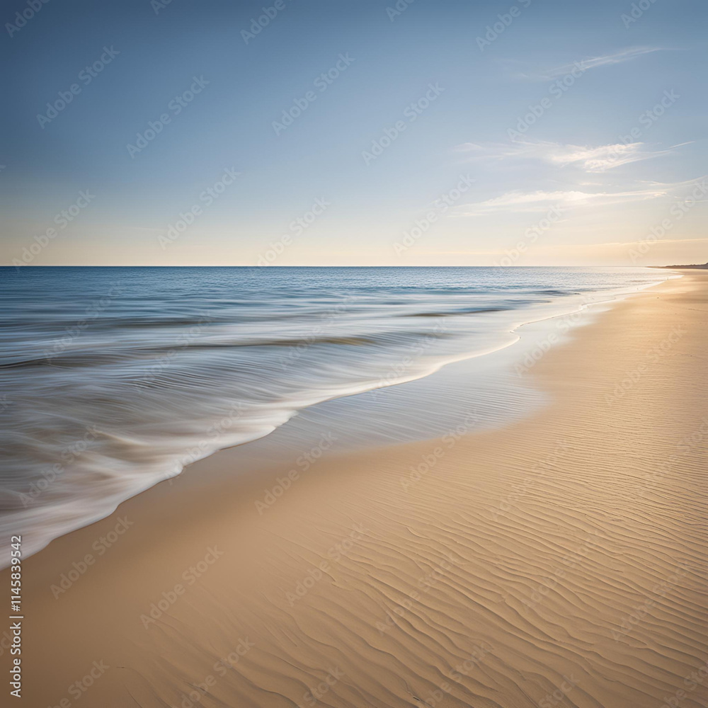A tranquil beach scene with gentle waves lapping against the golden sand, under a clear blue sky, creating a serene atmosphere perfect for relaxation and escape. A tranquil beach scene with gentle waves lapping against the golden sand, under a clear blue sky, creating a serene atmosphere perfect for relaxation and escape.