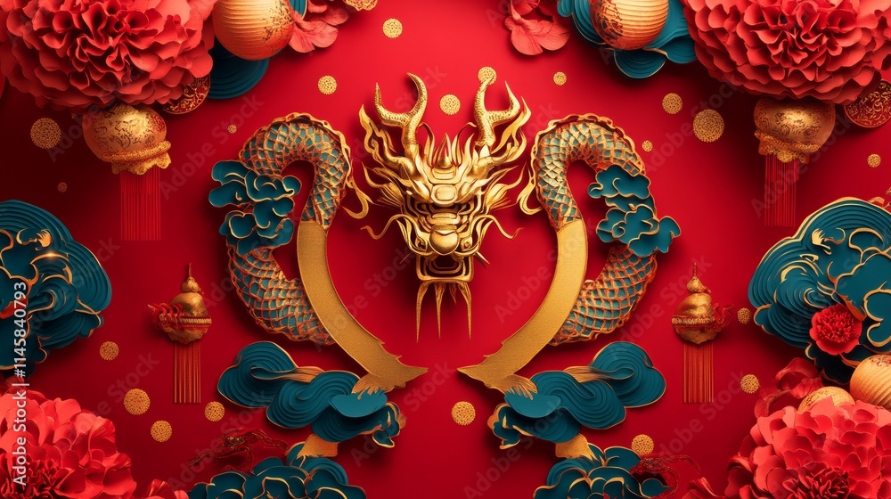 Fototapeta premium Chinese new year 2025 Zodiac sign with gold paper cut art and craft style on color background Chinese Translation happy new year