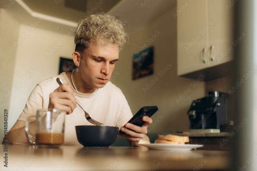 A man eating a healthy morning meal, breakfast at home. Fit lifestyle. A man eating a healthy morning meal, breakfast at home. Fit lifestyle.