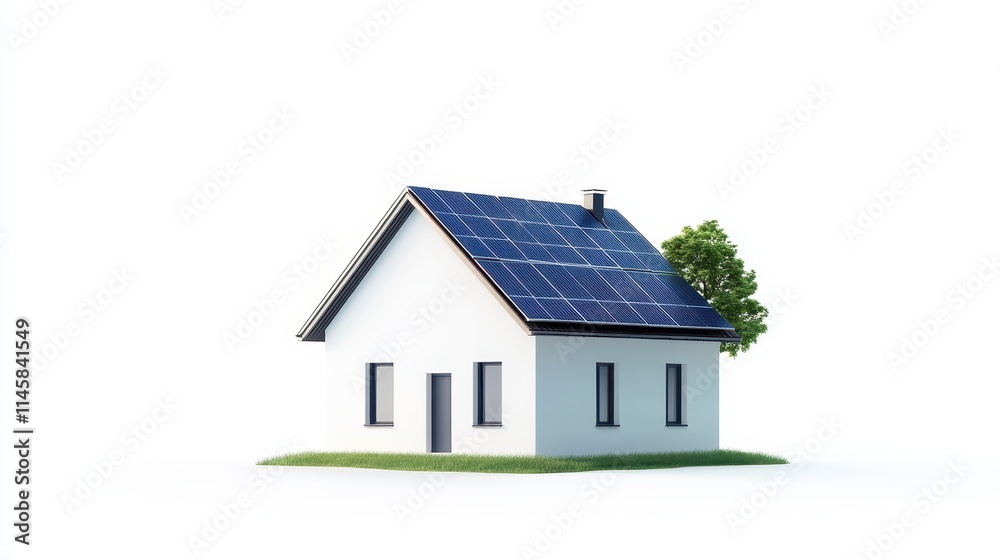 A modern house with solar panels on the roof, surrounded by greenery, symbolizing sustainability and energy efficiency. A modern house with solar panels on the roof, surrounded by greenery, symbolizing sustainability and energy efficiency.