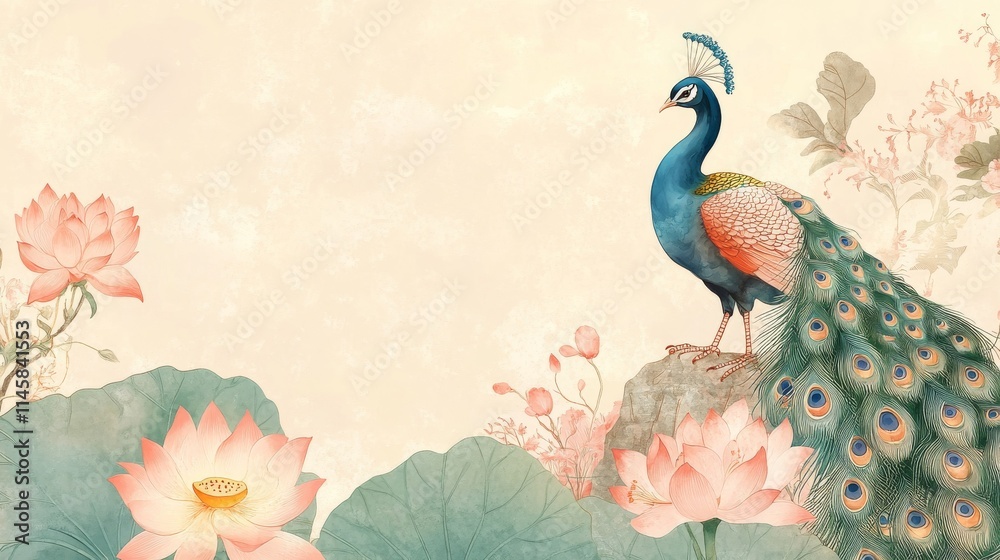 Obraz premium 93.A soft pastel-colored frame with Indian-art motifs, featuring an elegant lotus flower, a perched peacock, and a blooming marigold plant. The design reflects the simplicity and sophistication of