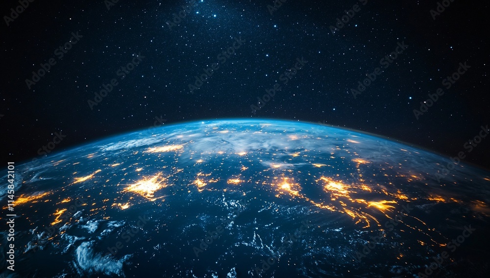 Obraz premium Earth at night, city lights illuminating the planet from space.