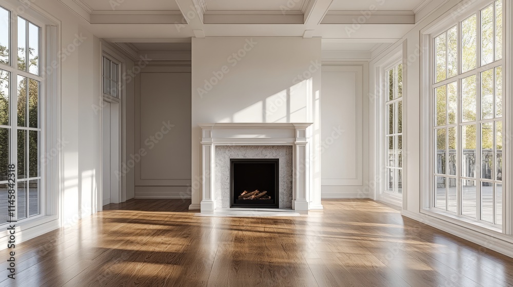 Fototapeta premium Elegant Empty Living Room with Beautiful Fireplace and Natural Light